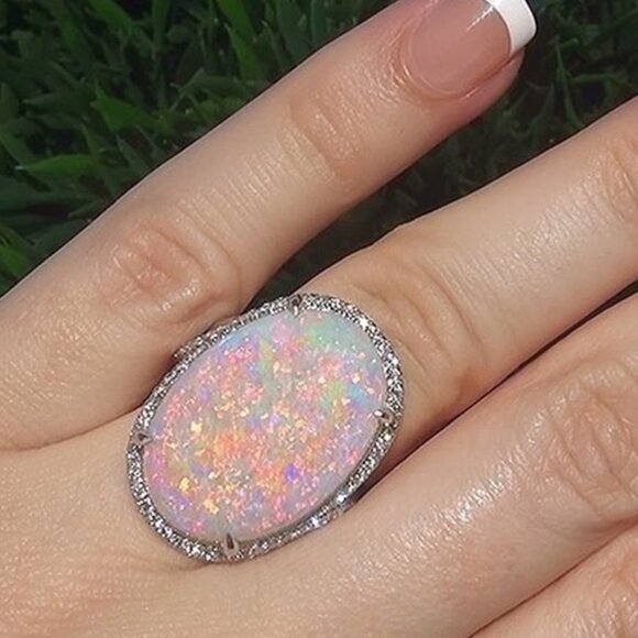 925 Silver Plated Dazzling Large Oval Gemstone Opal Ring for Women, VIP067 - Picture 2 of 7